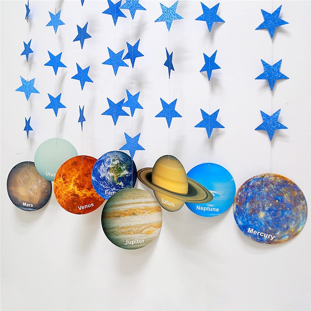 Galaxy Solar System Hanging Paper Decoration, Outer Space Paper Garland Flower Party Streamers, Plant with Blue Star Hanging for Kids Bedroom Decor,Birthday PartySupplies,8 Strings X 4.3ft
